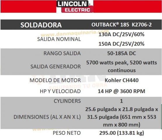 LINCOLN ELECTRIC OUTBACK® 185 SOLDADORA TIPO GENERADOR MOTOR A GASOLINA K2706-2 - Imagen 2