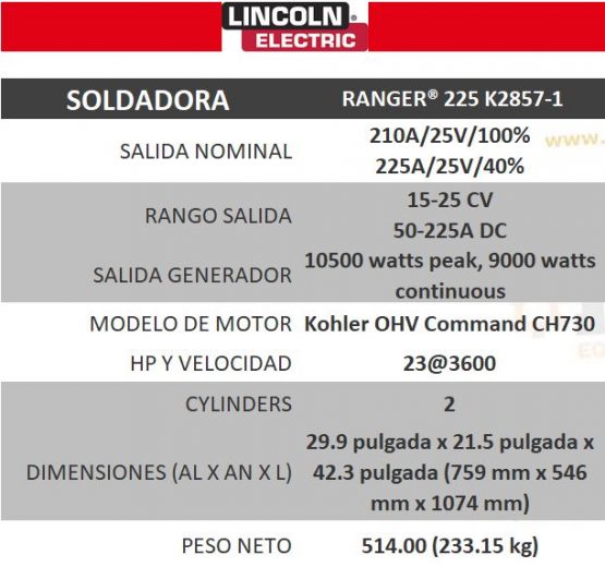 LINCOLN ELECTRIC RANGER®225 SOLDADORA TIPO GENERADOR MOTOR KOHLER K2857-1 - Imagen 2