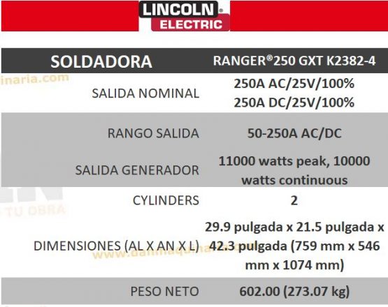 LINCOLN ELECTRIC RANGER®250 GXT SOLDADORA TIPO GENERADOR MOTOR A GASOLINA (BOMBA ELÉCTRICA) K2382-4 - Imagen 2