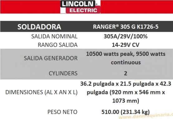 LINCOLN ELECTRIC RANGER®305 G SOLDADORA A GASOLINA MOTOR KOHLER K1726-5 - Imagen 2